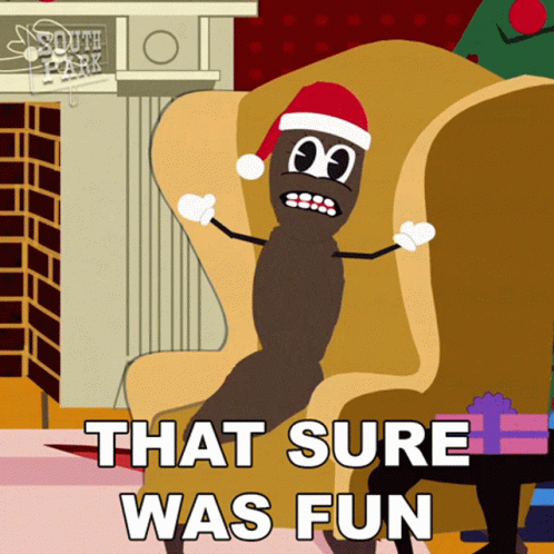 A Cartoon Character Wearing A Santa Hat Is Sitting In A Chair With The Words That Sure Was Fun Below Him GIF
