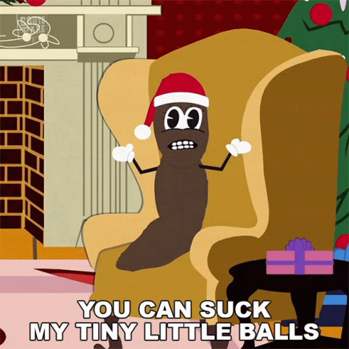 A Cartoon Character Wearing A Santa Hat Is Sitting In A Chair With The Words You Can Suck My Tiny Little Balls GIF