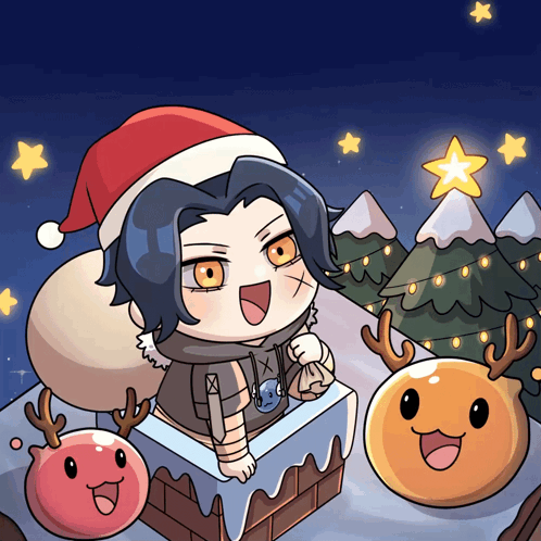 A Cartoon Character Wearing A Santa Hat Is Surrounded By Christmas Decorations GIF
