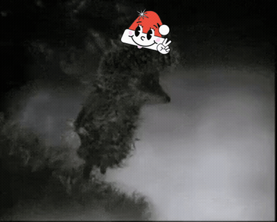 A Cartoon Character Wearing A Santa Hat Is Waving In The Dark GIF