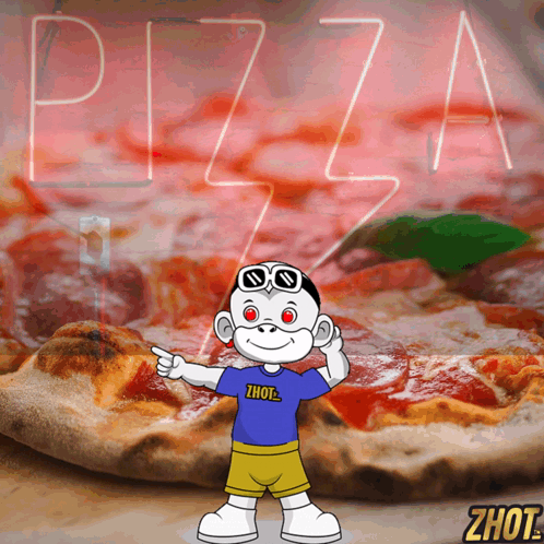A Cartoon Character Wearing A Shirt That Says ' Zhot ' Points To A Pizza GIF