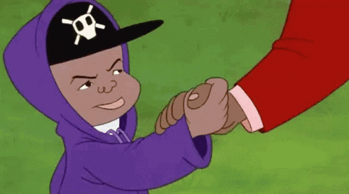 A Cartoon Character Wearing A Skull And Crossbones Hat Shakes Hands With Another Person . GIF