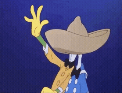 A Cartoon Character Wearing A Sombrero And A Bow Tie Is Waving . GIF