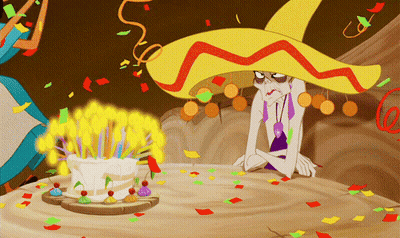 A Cartoon Character Wearing A Sombrero Is Sitting At A Table With A Birthday Cake GIF