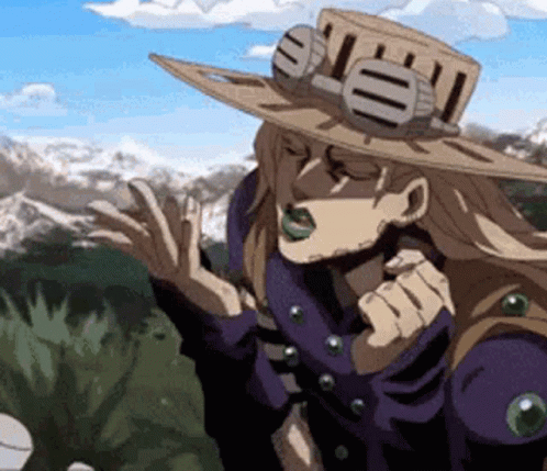 A Cartoon Character Wearing A Straw Hat And Goggles Is Standing In Front Of Mountains . GIF