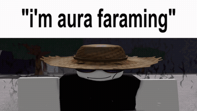 A Cartoon Character Wearing A Straw Hat With The Words " I 'M Aura Faraming " Below It GIF