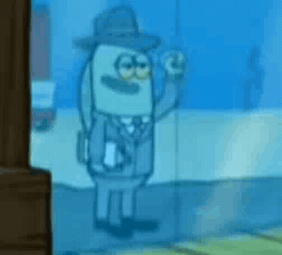 A Cartoon Character Wearing A Suit And Hat Is Waving . GIF