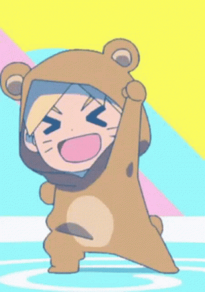 A Cartoon Character Wearing A Teddy Bear Costume Is Standing On A Colorful Background . GIF