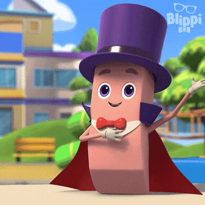 A Cartoon Character Wearing A Top Hat And Cape With The Word Blippi Behind Him GIF
