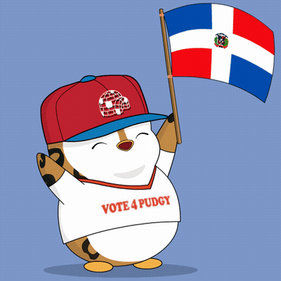 A Cartoon Character Wearing A Vote 4 Pudgy Shirt Is Holding A Dominican Flag GIF