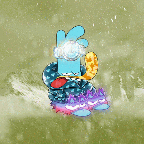 A Cartoon Character Wearing A Watch And A Scarf Is Flying Through The Air GIF