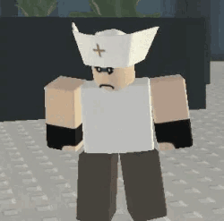 A Cartoon Character Wearing A White Hat With A Cross On It Is Standing On The Ground . GIF