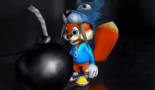 A Cartoon Character Wearing A Wolf Hat Is Holding A Bomb GIF