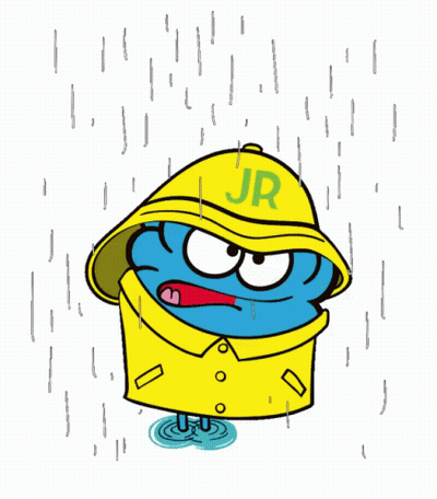 A Cartoon Character Wearing A Yellow Raincoat With Jr On It GIF