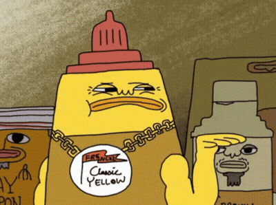 A Cartoon Character Wearing A Yellow Shirt That Says " Classic Yellow " GIF