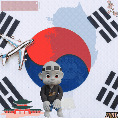 A Cartoon Character Wearing A Zhot Hoodie Sits In Front Of A South Korean Flag GIF
