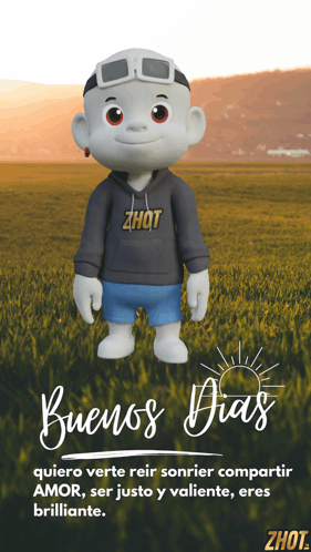 A Cartoon Character Wearing A Zhot Hoodie Stands In A Grassy Field GIF