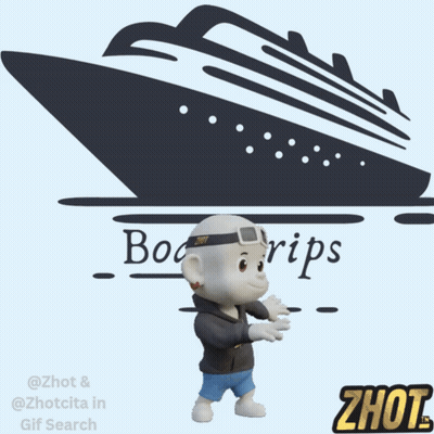 A Cartoon Character Wearing A Zhot Shirt Is Standing In Front Of A Boat GIF