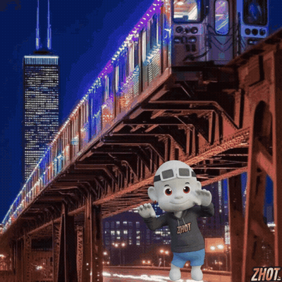 A Cartoon Character Wearing A Zhout Shirt Stands In Front Of A Bridge GIF