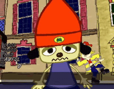A Cartoon Character Wearing An Orange Hat Stands In Front Of A Building That Says Cool Good Bad Awful GIF