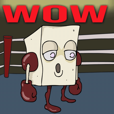 A Cartoon Character Wearing Boxing Gloves Stands In A Boxing Ring With The Word Wow Behind Him GIF