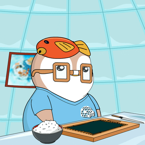 A Cartoon Character Wearing Glasses And A Fish Hat Is Sitting At A Table With A Bowl Of Rice GIF