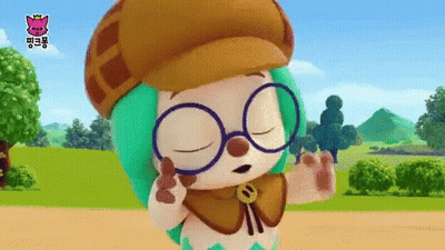 A Cartoon Character Wearing Glasses And A Hat Is Standing In A Field With Her Eyes Closed GIF
