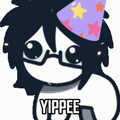 a cartoon character wearing glasses and a party hat with the word yippee below it