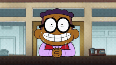 A Cartoon Character Wearing Glasses And A Red Vest Is Smiling GIF