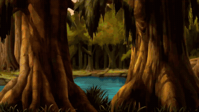 A Cartoon Character Wearing Glasses And A Yellow Sweater Is Standing In The Woods Near A Body Of Water GIF