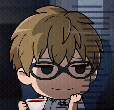 A Cartoon Character Wearing Glasses And Holding A Cup Of Tea GIF