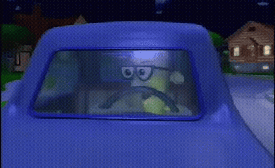 A Cartoon Character Wearing Glasses Is Driving A Blue Car At Night GIF