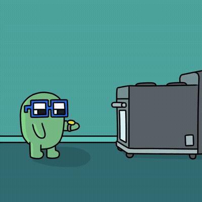 A Cartoon Character Wearing Glasses Is Standing Next To A Toaster GIF