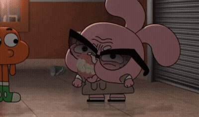 A Cartoon Character Wearing Glasses Is Standing Next To An Orange Character GIF
