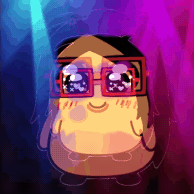 A Cartoon Character Wearing Glasses With A Purple Background GIF