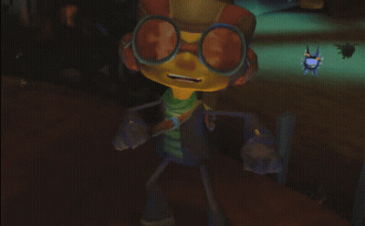 A Cartoon Character Wearing Goggles And Headphones Is Standing In A Dark Room GIF