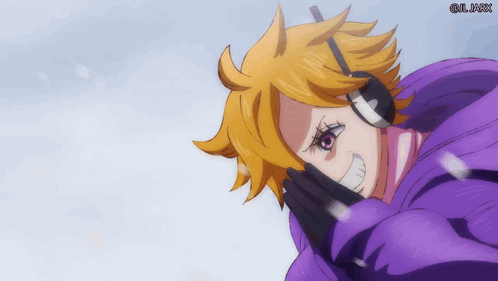 A Cartoon Character Wearing Headphones And A Purple Jacket Is Laying Down In The Snow GIF