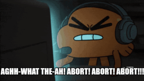 A Cartoon Character Wearing Headphones Says Agh What The Ah Abort Abort Abort Abort !!! GIF