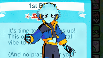 A Cartoon Character Wearing Headphones Stands In Front Of A Banner That Says " 1St Place " GIF