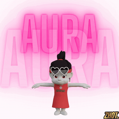 A Cartoon Character Wearing Heart Shaped Sunglasses Is Standing In Front Of A Pink Background That Says Aura GIF