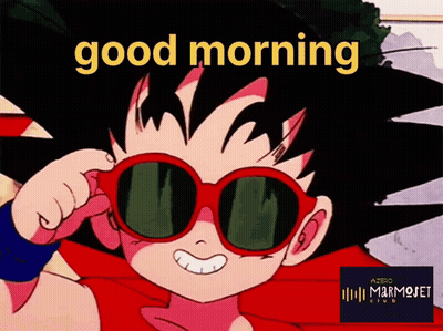 A Cartoon Character Wearing Red Sunglasses With The Words " Good Morning " Above Him GIF