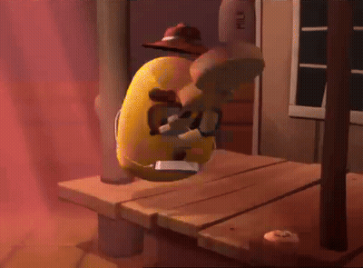 A Cartoon Character Wearing Sunglasses And A Cowboy Hat Stands On A Wooden Table GIF