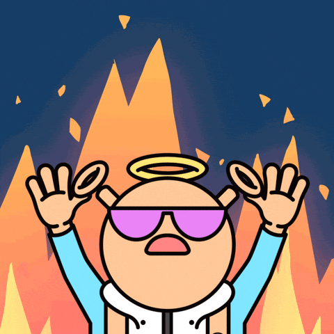 A Cartoon Character Wearing Sunglasses And A Halo With His Hands In The Air GIF