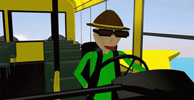 A Cartoon Character Wearing Sunglasses And A Hat Is Driving A Yellow Bus GIF