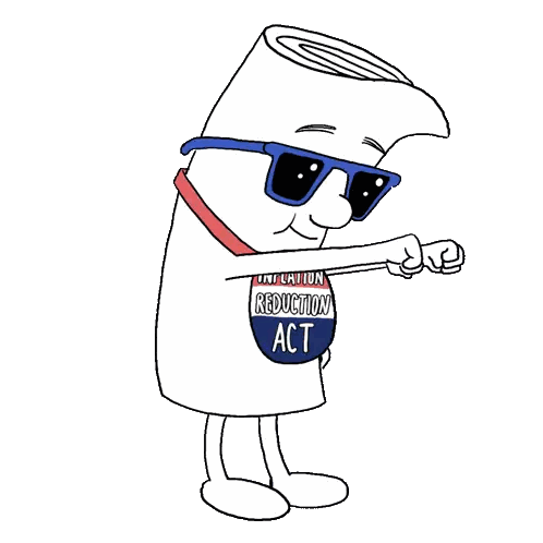 A Cartoon Character Wearing Sunglasses And A Inflation Reduction Act Sticker Around His Neck Sticker