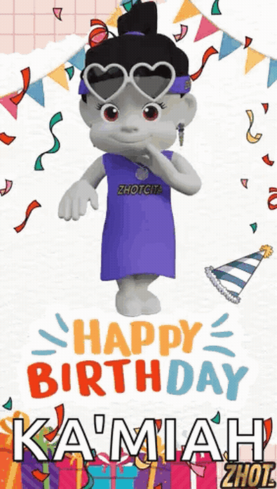 A Cartoon Character Wearing Sunglasses And A Purple Dress Is Standing In Front Of A Happy Birthday Card . GIF