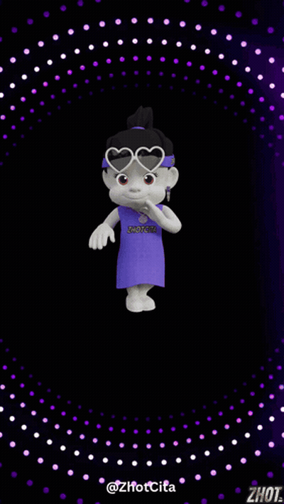 A Cartoon Character Wearing Sunglasses And A Purple Dress Is Surrounded By Balloons And Fireworks And Says Happy GIF