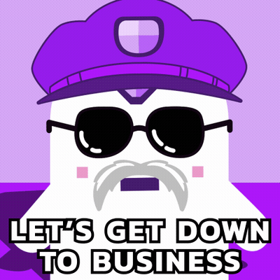 A Cartoon Character Wearing Sunglasses And A Purple Hat Says Let 'S Get Down To Business GIF