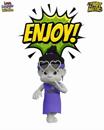 A Cartoon Character Wearing Sunglasses And A Purple Shirt That Says " Enjoy " GIF