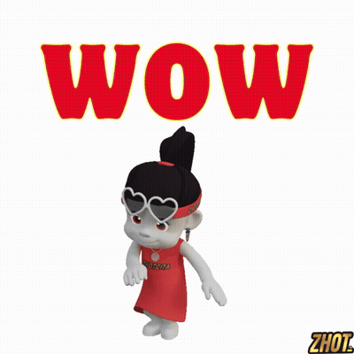 A Cartoon Character Wearing Sunglasses And A Red Dress With The Word Wow Behind Her GIF